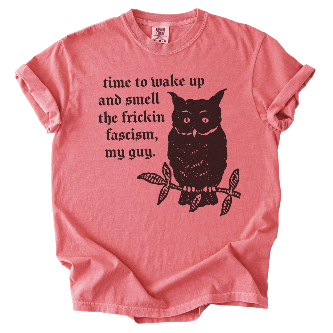 Time to Wake Up and Smell The Frickin Fascism Owl Tee