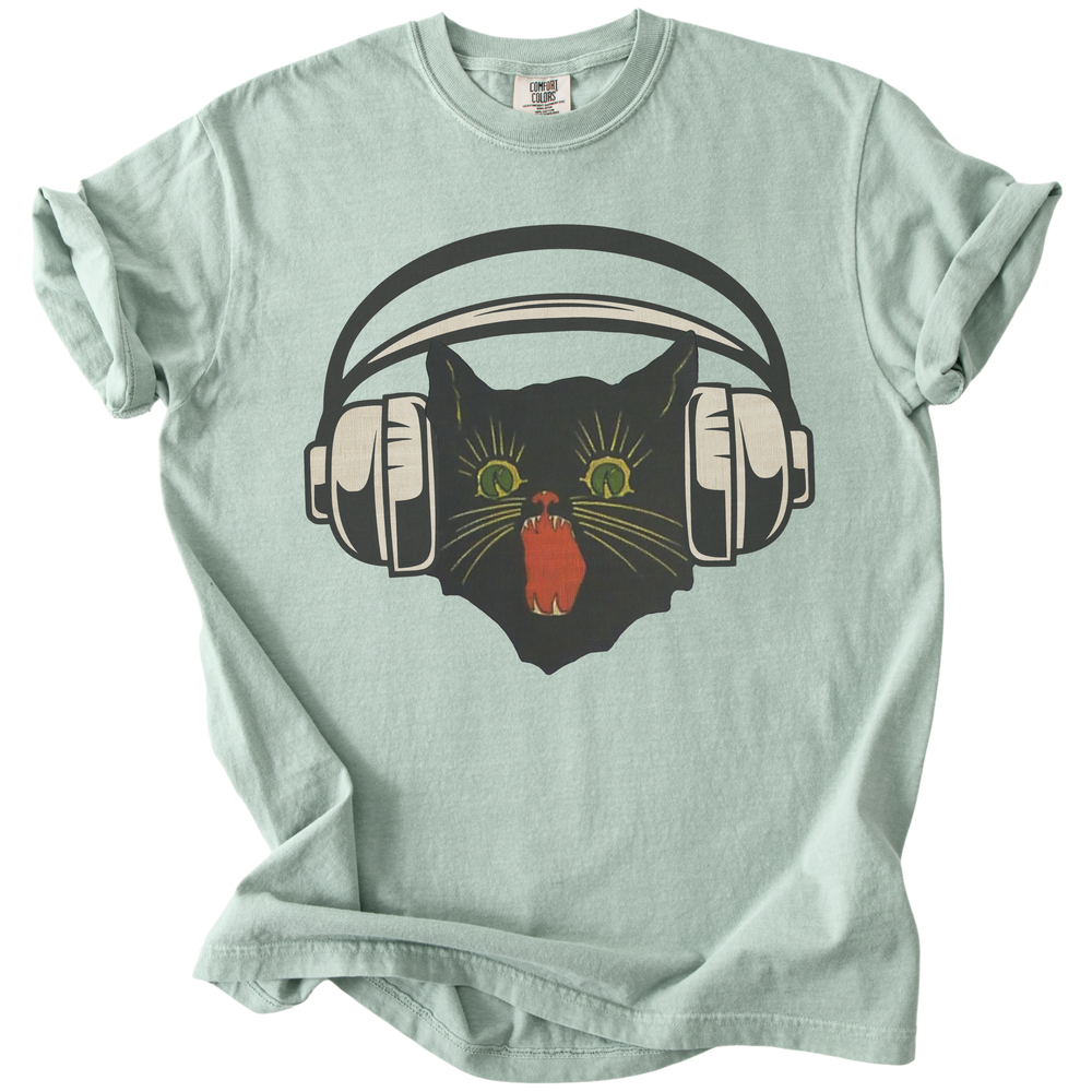 Retro Scaredy Headphones Cat Tee