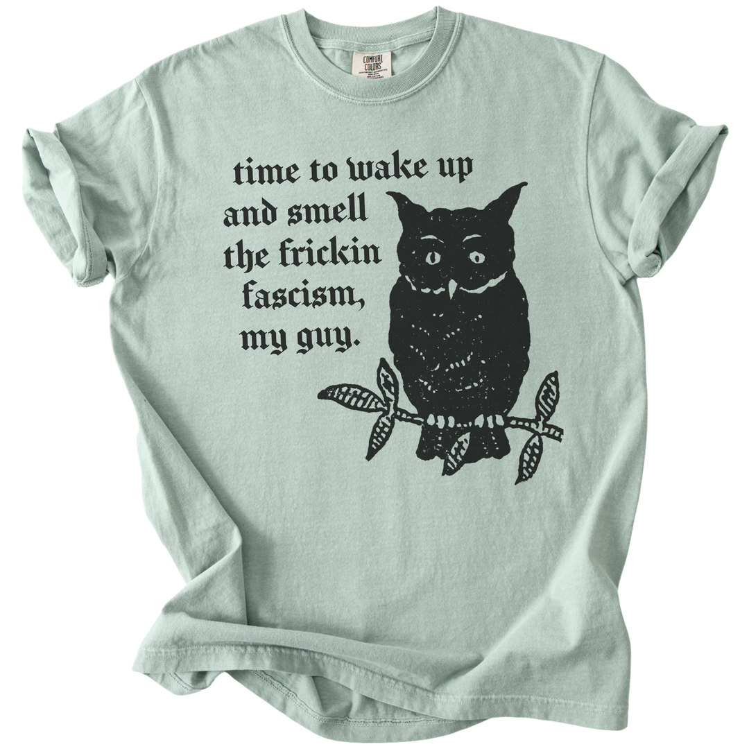 Time to Wake Up and Smell The Frickin Fascism Owl Tee