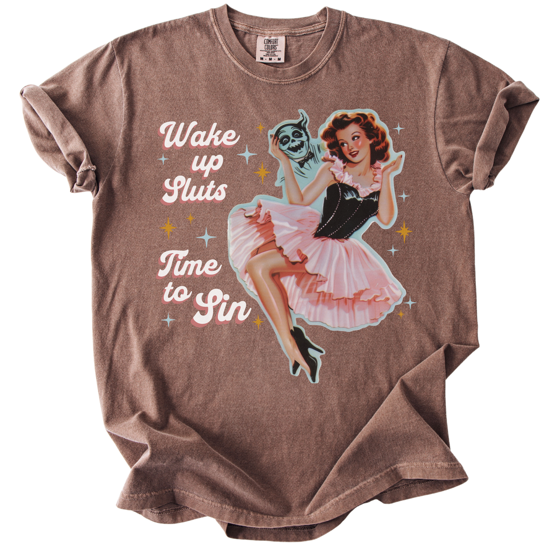 Wake Up Sluts Time to Sin Retro Tee