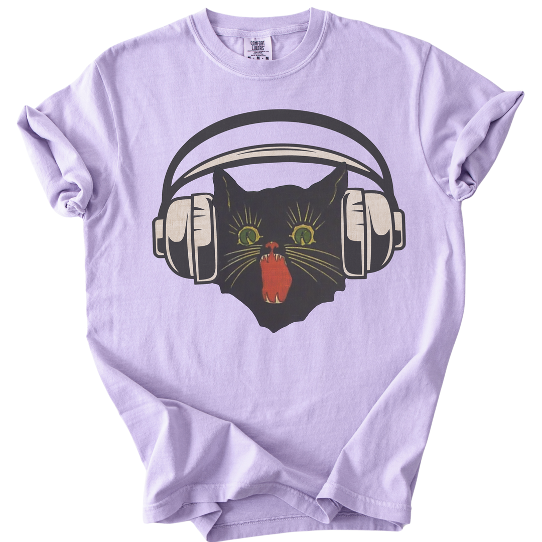 Retro Scaredy Headphones Cat Tee