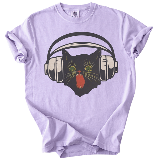 Retro Scaredy Headphones Cat Tee