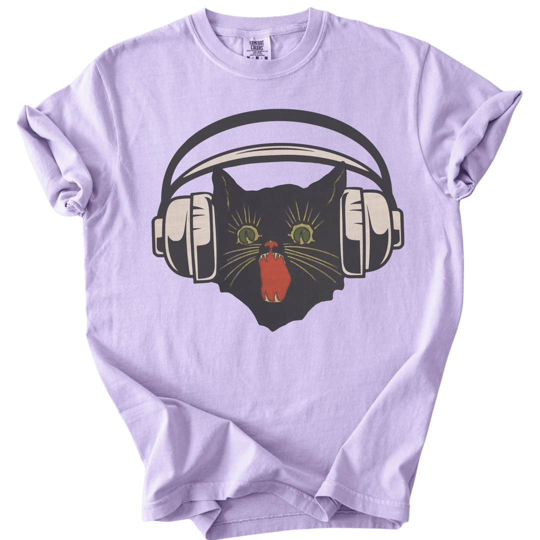 Retro Scaredy Headphones Cat Tee - The Rogue Petal Co. - T-Shirt