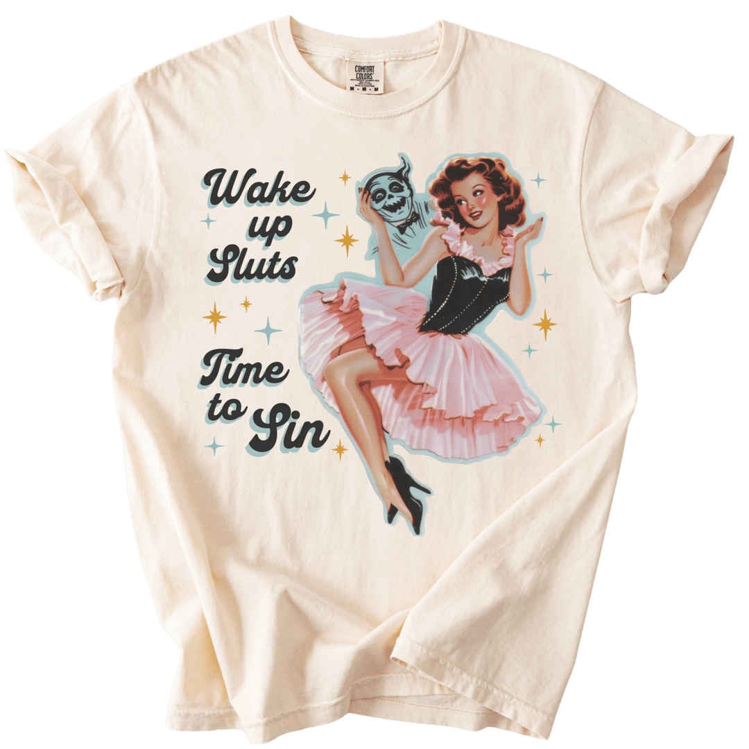Wake Up Sluts Time to Sin Retro Tee - The Rogue Petal Co. - T-Shirt