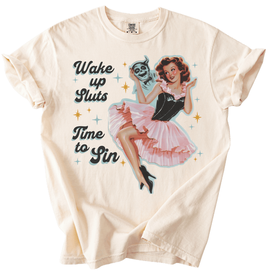 Wake Up Sluts Time to Sin Retro Tee - The Rogue Petal Co. - T-Shirt