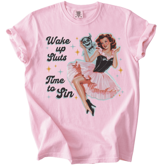Wake Up Sluts Time to Sin Retro Tee - The Rogue Petal Co. - T-Shirt