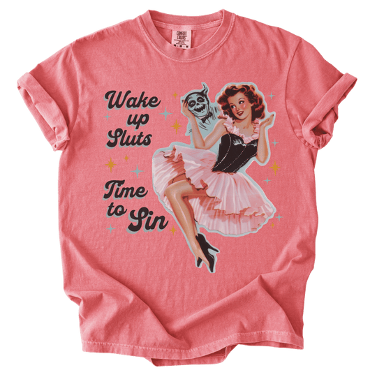 Wake Up Sluts Time to Sin Retro Tee - The Rogue Petal Co. - T-Shirt