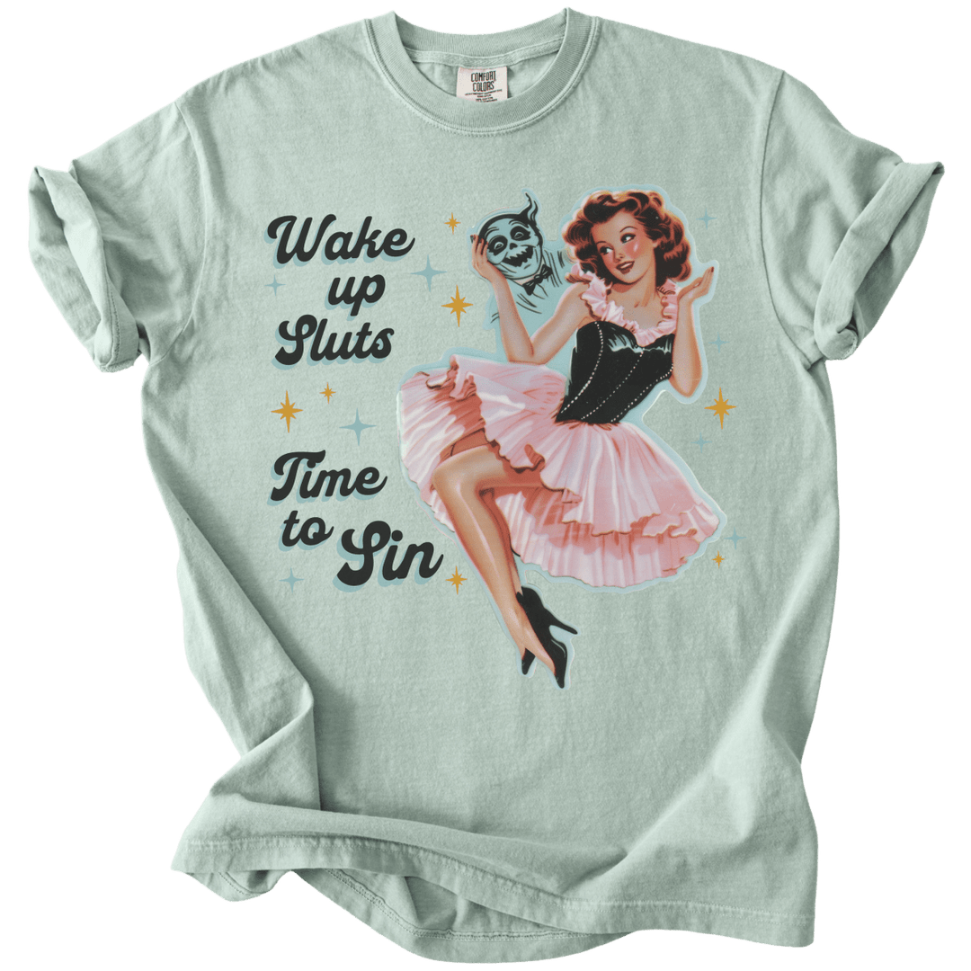 Wake Up Sluts Time to Sin Retro Tee - The Rogue Petal Co. - T-Shirt