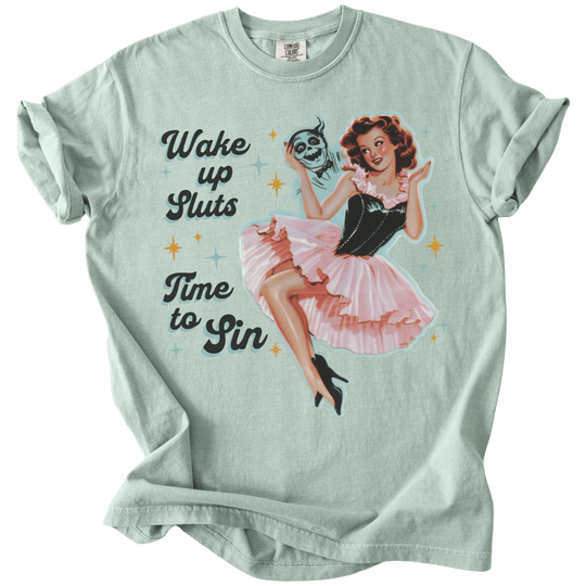 Wake Up Sluts Time to Sin Retro Tee - The Rogue Petal Co. - T-Shirt