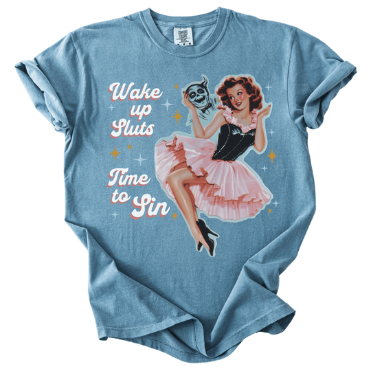 Wake Up Sluts Time to Sin Retro Tee - The Rogue Petal Co. - T-Shirt