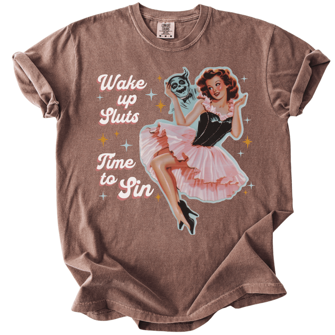 Wake Up Sluts Time to Sin Retro Tee - The Rogue Petal Co. - T-Shirt