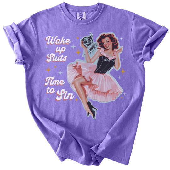 Wake Up Sluts Time to Sin Retro Tee - The Rogue Petal Co. - T-Shirt
