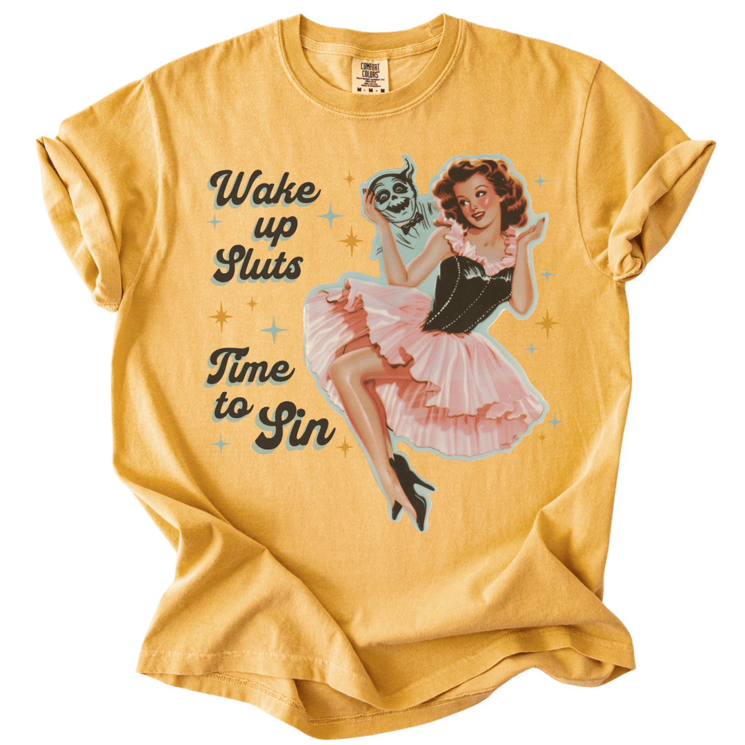 Wake Up Sluts Time to Sin Retro Tee - The Rogue Petal Co. - T-Shirt