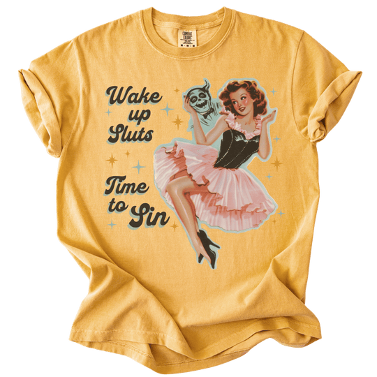 Wake Up Sluts Time to Sin Retro Tee - The Rogue Petal Co. - T-Shirt